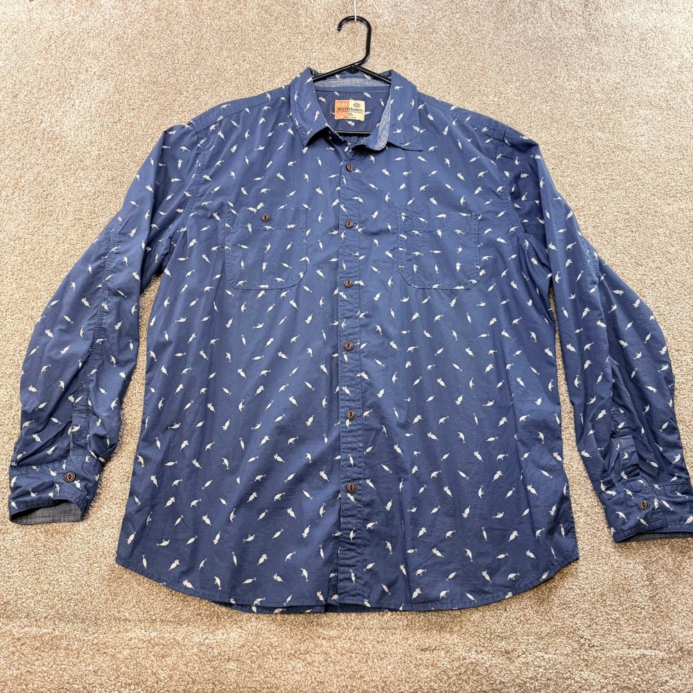 RuffHewn Mens XL Navy Blue Fishing Lure Cotton Long Sleeve Button Down Skater
